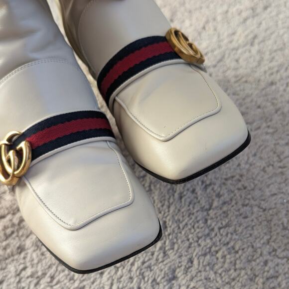 Gucci Marmont White Leather Logo Pearl Heel Embellished Ankle Boots, size US 8.5 - Picture 6 of 11